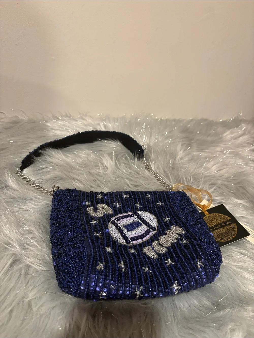 BNWT MADE IN INDIA Viral Beaded Navy Go Team Football Shoulder Bag